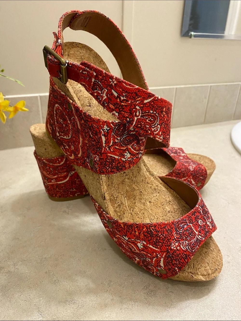 Lucky Brand Red Paisley Cork Wedge Sandals